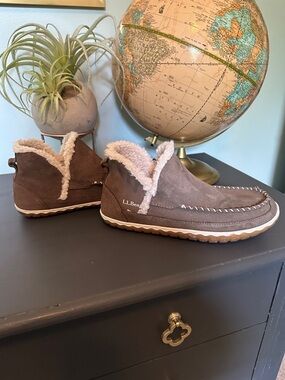 L.L. Bean Brown Suede Sherpa-Trim Slip-On Moccasins